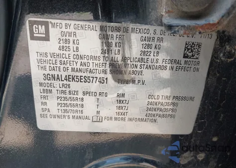 2014 Chevrolet Captiva Sport Ltz z USA, uszkodzony, nr VIN 3GNAL4EK5ES577451